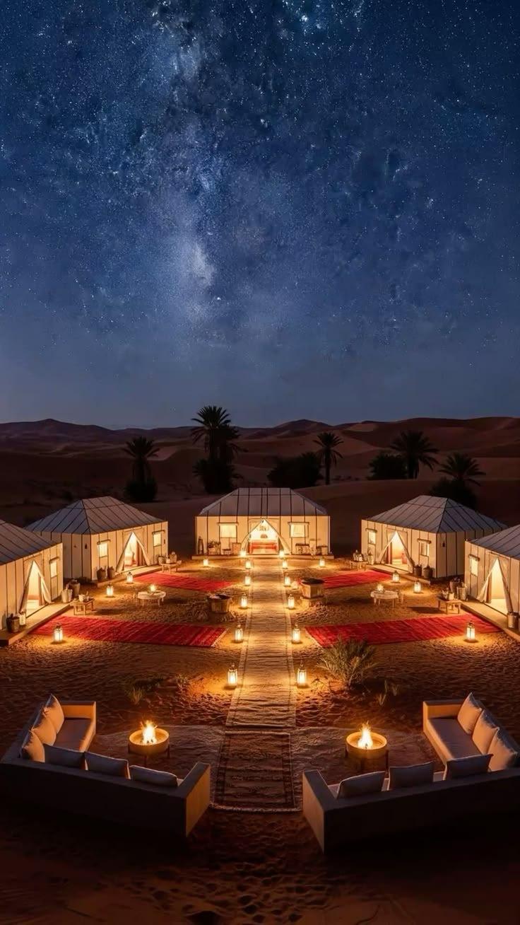 Illuminated desert camp under a starry sky