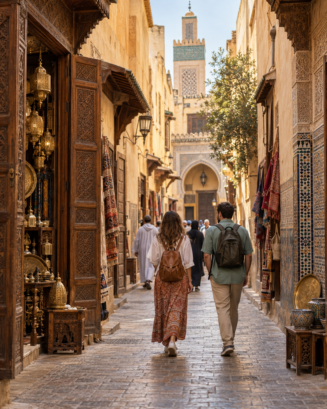 Travelers exploring a historic Moroccan medina lane