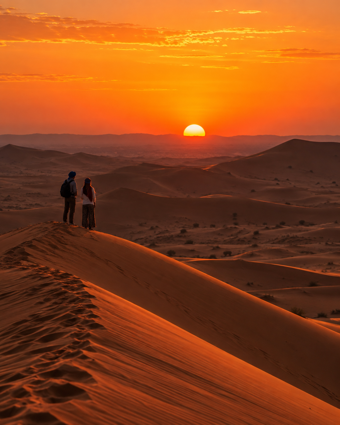 A clearly visible sunset over the Sahara dunes